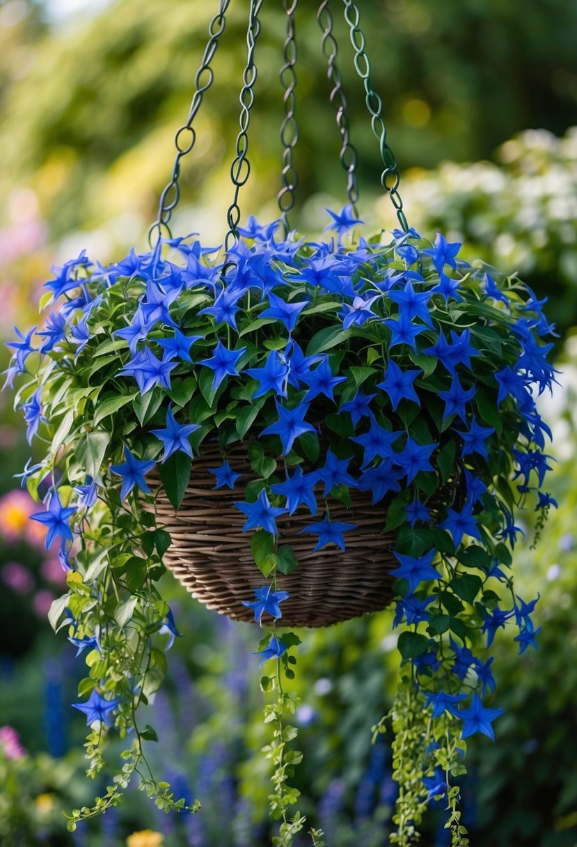 A hanging basket filled with lush Blue Star Creeper plants cascading over the edges, creating a vibrant and eye-catching display