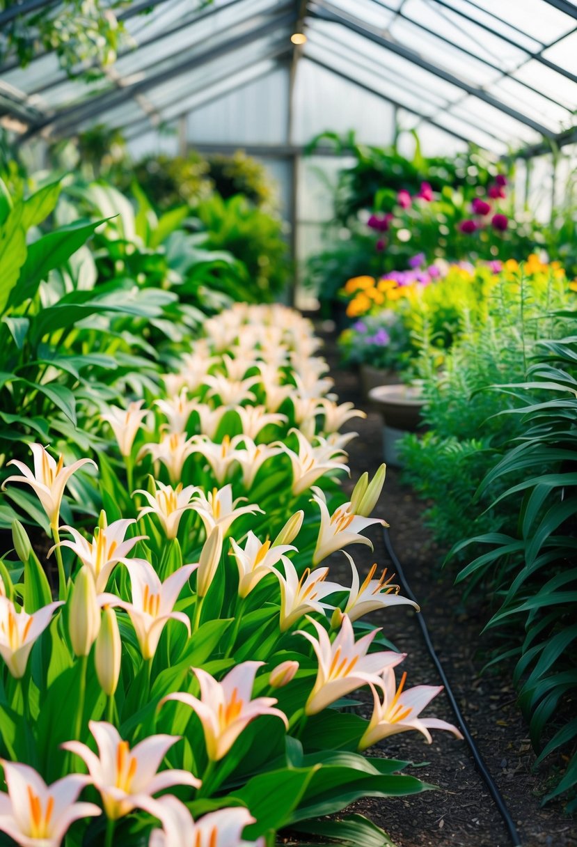 A lush greenhouse filled with rows of vibrant Peace Lilies, surrounded by 28 other gardens with various greenery