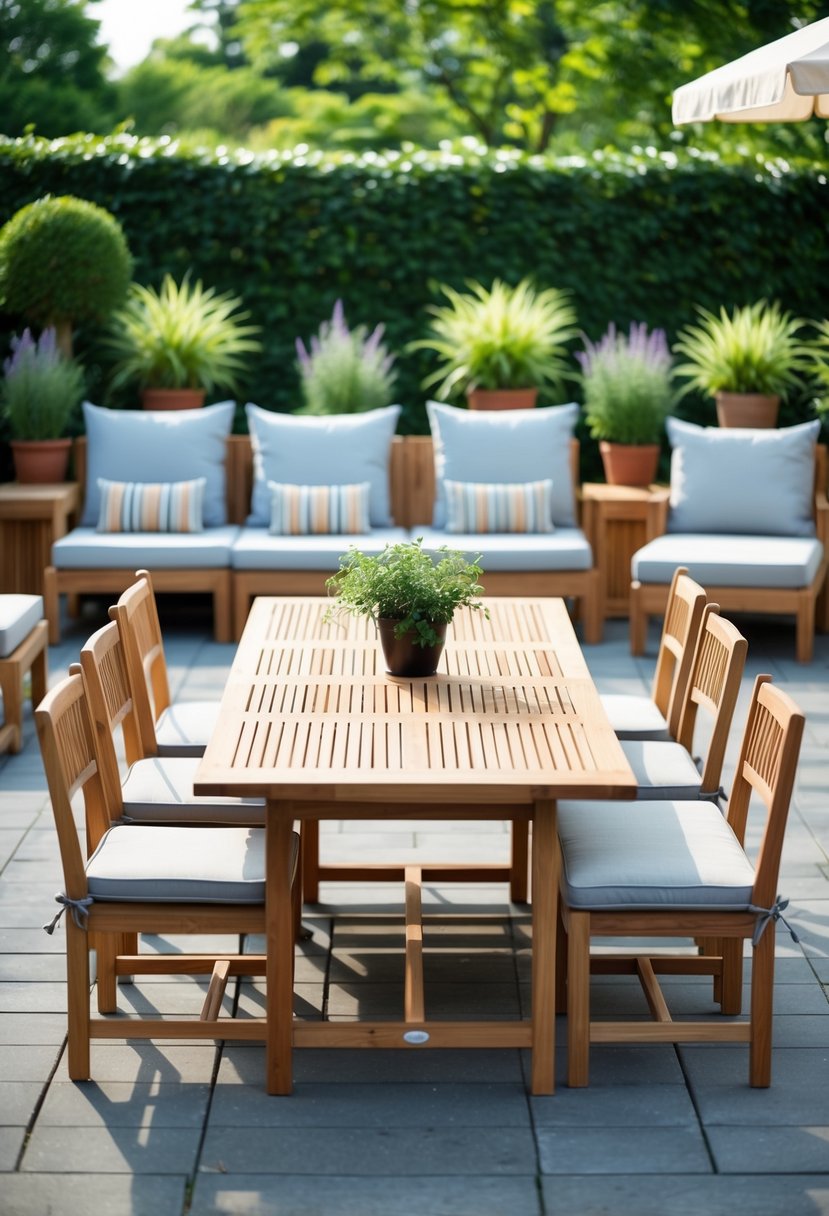 A teak dining table surrounded by various patio seating arrangements, including chairs, benches, and lounge furniture, set against a backdrop of lush greenery and potted plants