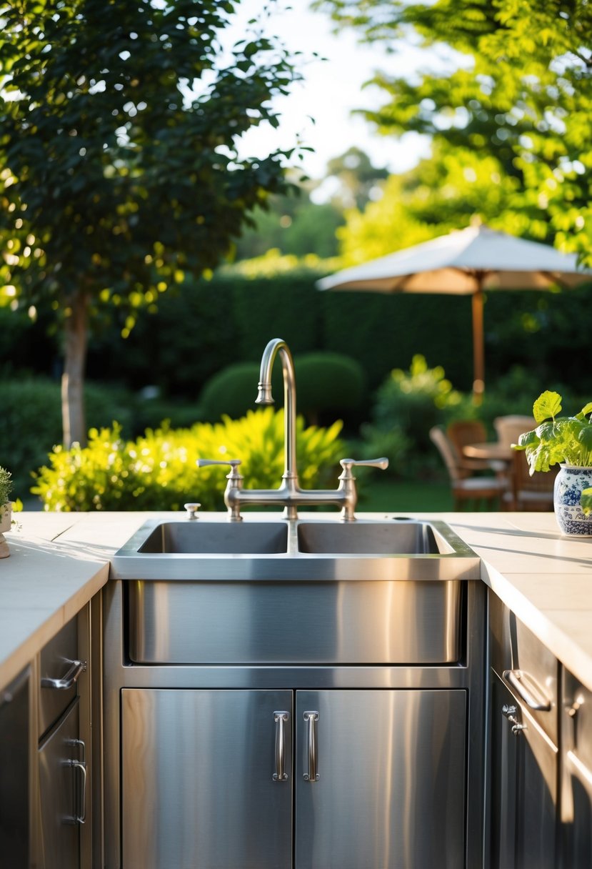 A vintage luxury steel prep and wash sink is set in an outdoor kitchen surrounded by lush greenery and warm sunlight