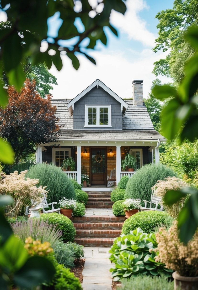 A cozy summer house surrounded by lush gardens and rustic decor