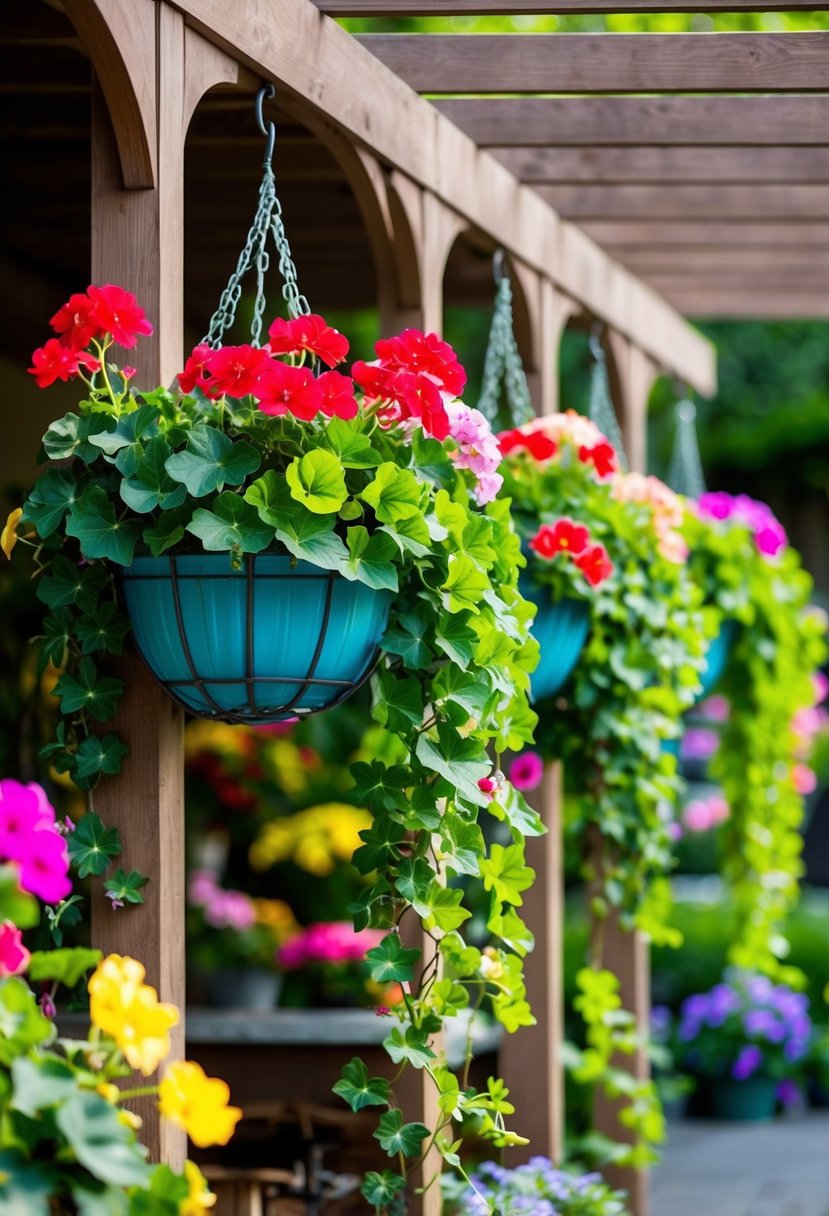 A colorful array of ivy geranium hanging baskets, cascading from a pergola, creating a vibrant and lush display