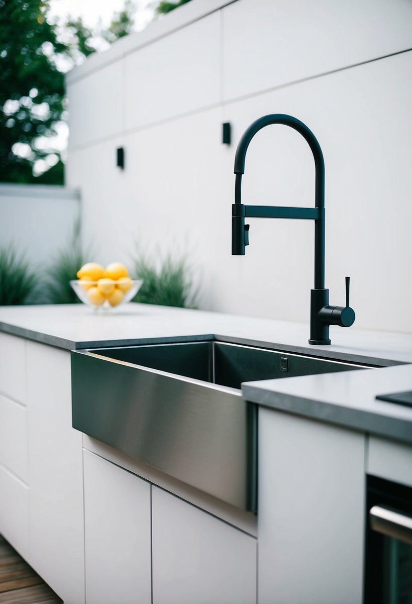 A sleek, stainless steel outdoor sink surrounded by a modern outdoor kitchen with clean lines and minimalist design