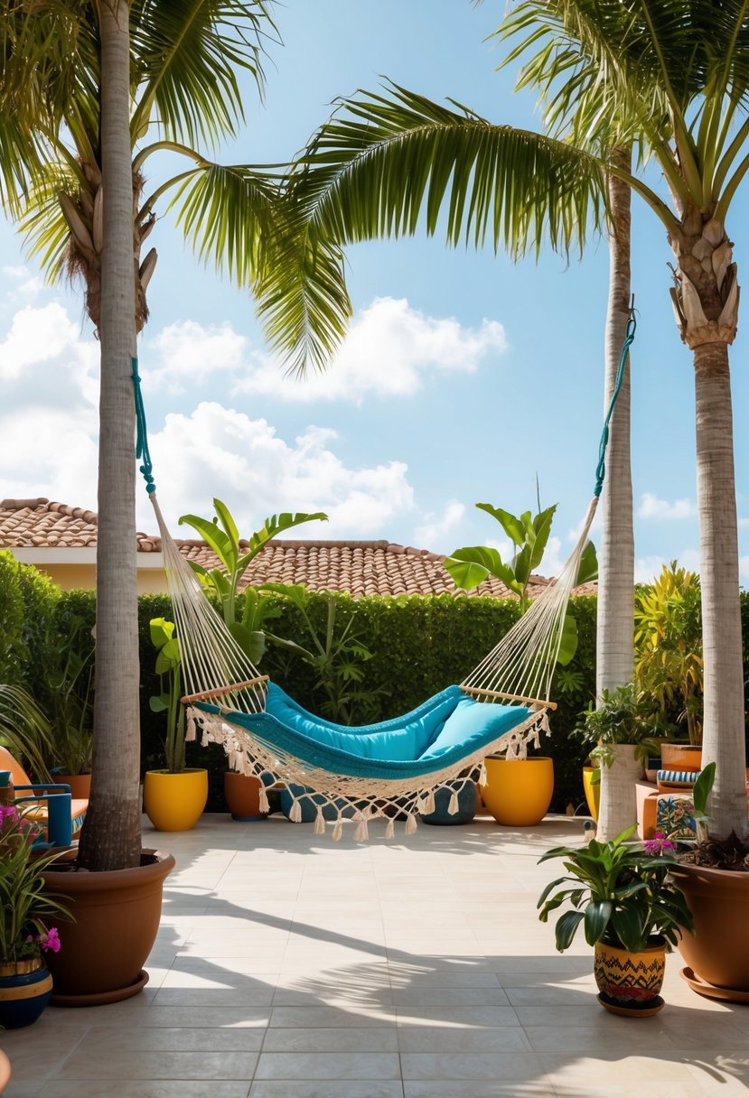 A hammock suspended between two palm trees on a tropical patio, surrounded by potted plants and colorful outdoor decor