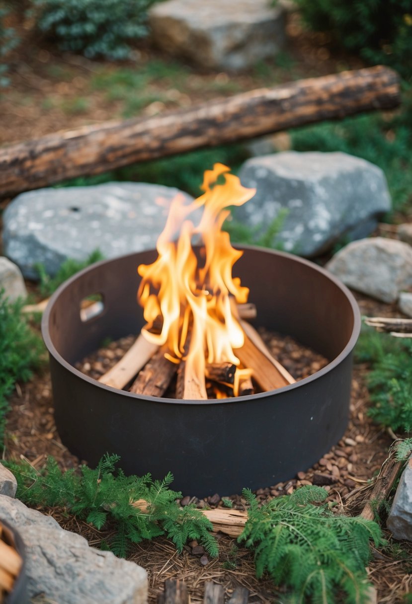 A metal fire ring surrounded by natural elements, such as rocks, logs, and greenery, creating a cozy and rustic fire pit