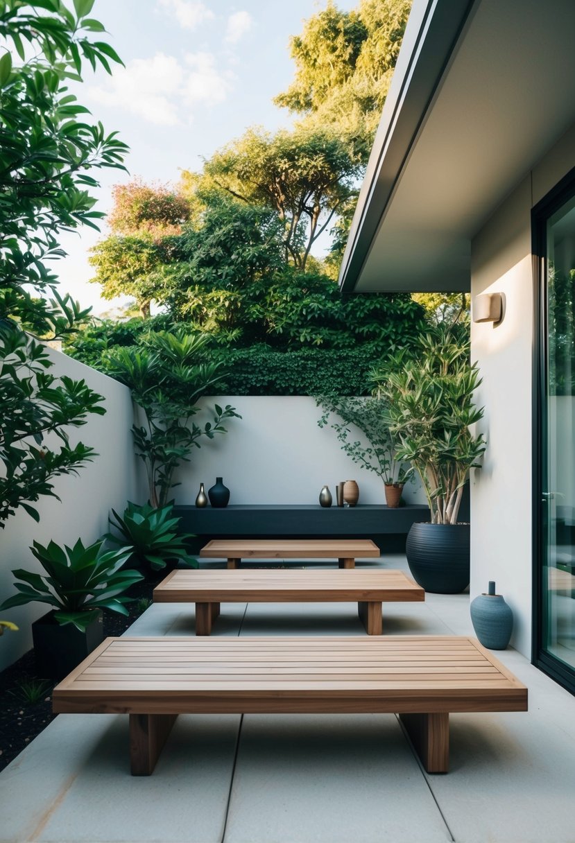 A serene patio with low-profile wooden benches, surrounded by minimalist Japandi decor and lush greenery