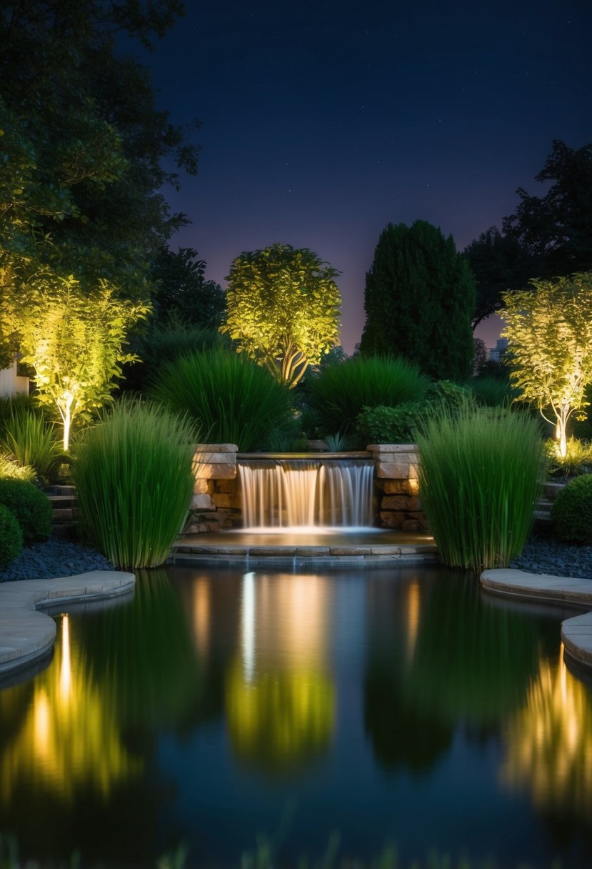 A tranquil pond with a cascading waterfall, illuminated by soft lights, surrounded by 25 garden ponds at night