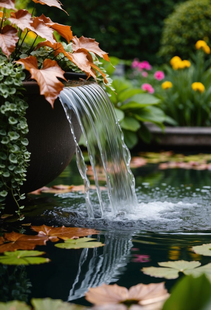 A cascading waterfall flows over copper leaves into a serene garden pond