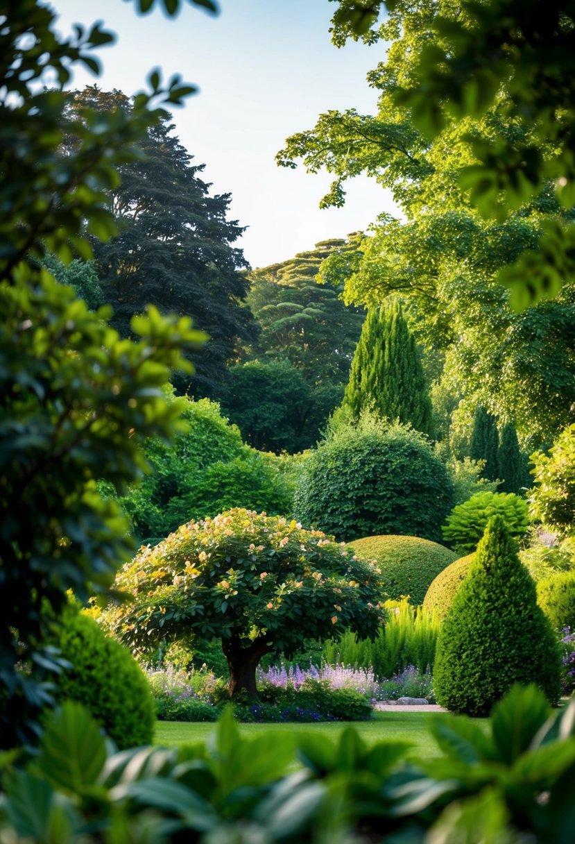 A lush garden filled with an abundance of trees, creating a serene and peaceful atmosphere