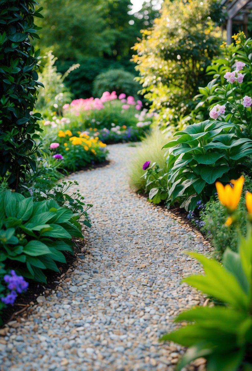 A winding gravel path leads through a lush garden nook, bordered by vibrant flowers and green foliage, creating a serene and inviting outdoor space