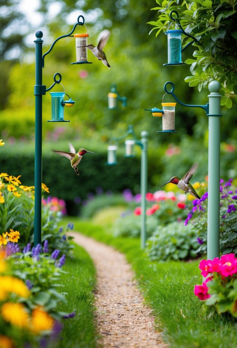 A lush garden path with a variety of hummingbird feeders hanging from trees and posts, surrounded by colorful flowers and foliage