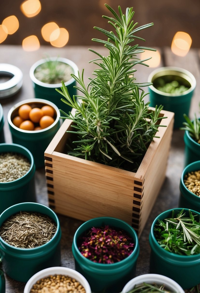 A wooden box filled with rosemary surrounded by 31 containers of various herbs