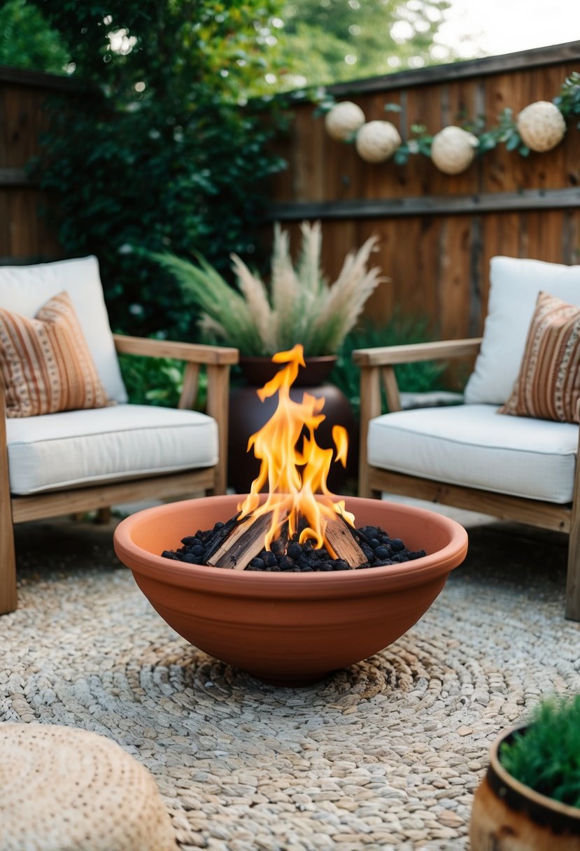 A terracotta fire bowl sits in a backyard surrounded by rustic decor and greenery
