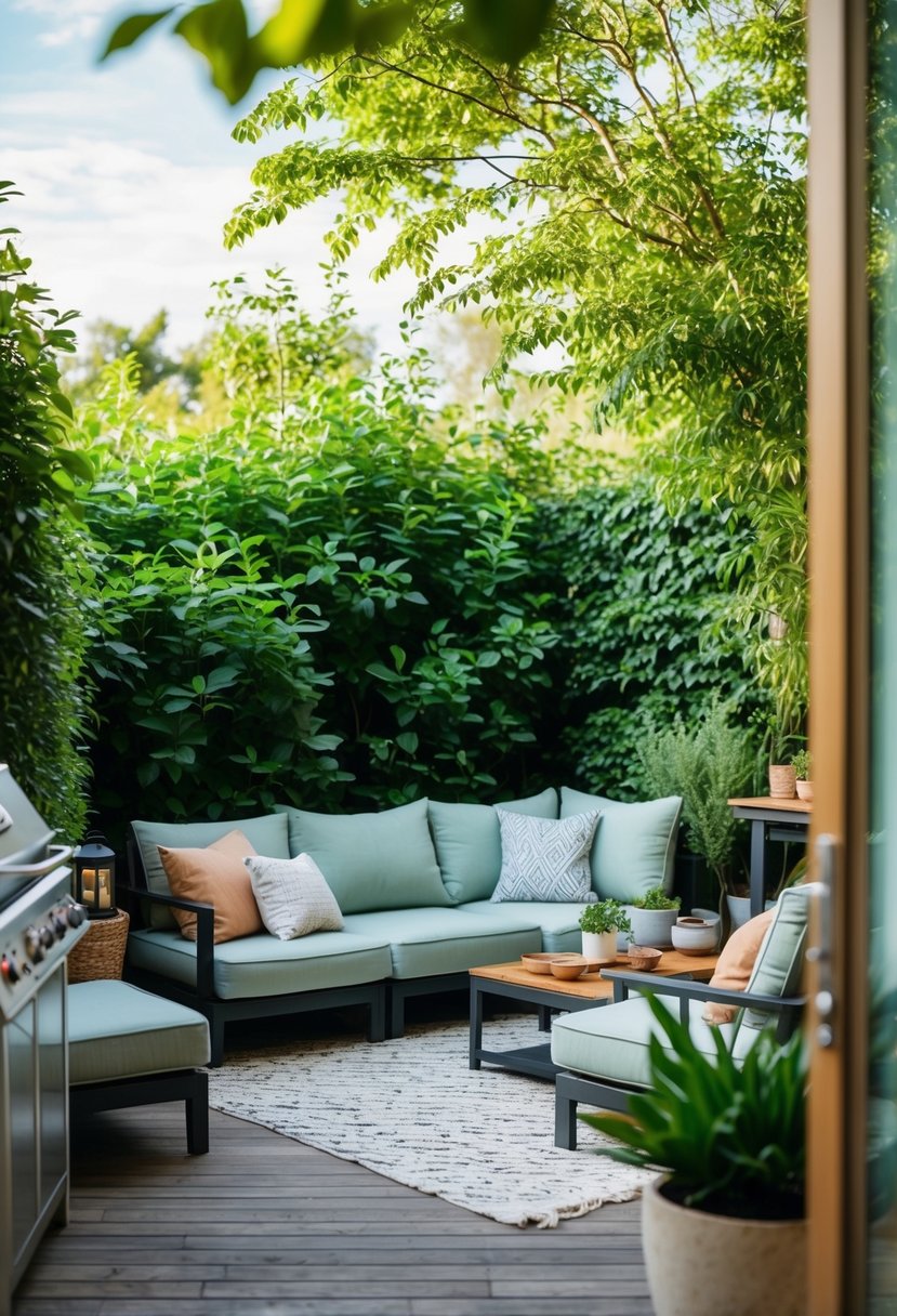 A cozy outdoor corner with comfortable sofas surrounded by lush greenery and a barbecue area