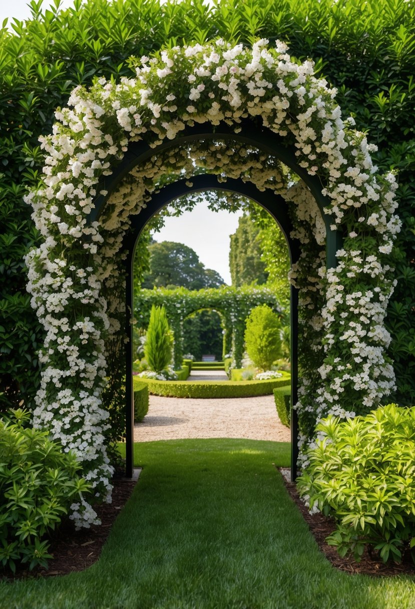 A lush garden with a 32-foot arch covered in jasmine flowers
