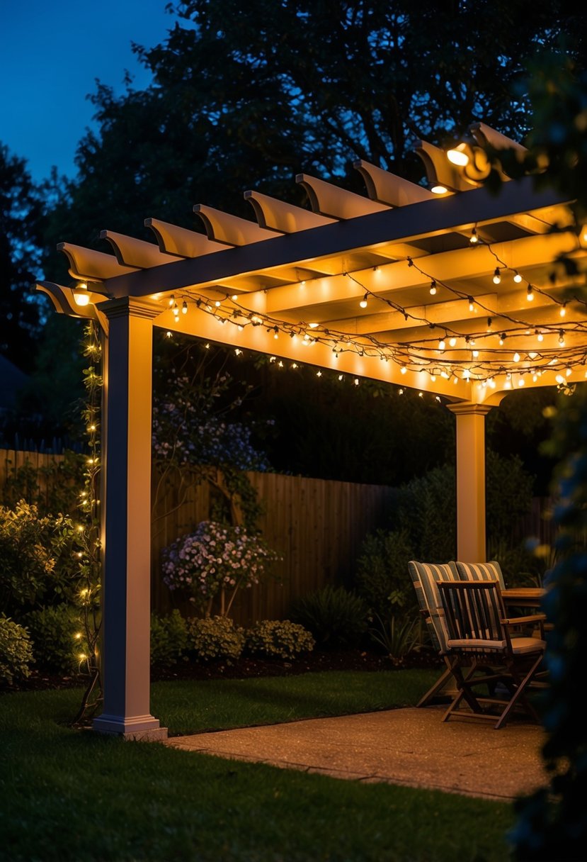 A pergola adorned with string lights, casting a warm glow over a garden at night