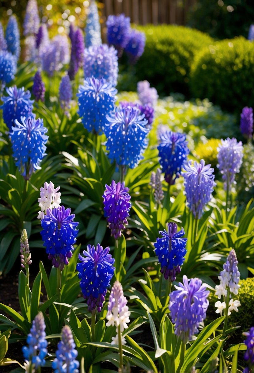 A lush garden filled with blooming Agapanthus 'Heavenly Blue' in various shades of blue and purple, surrounded by green foliage and dappled sunlight