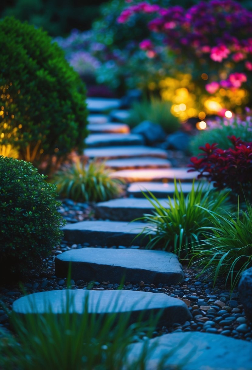 A tranquil stone garden with colorful mood lighting illuminating the landscape