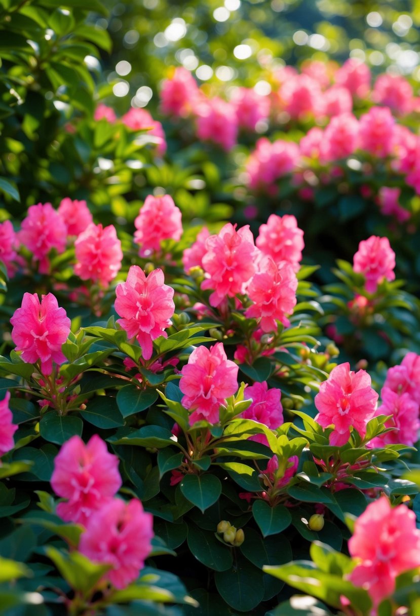 A lush garden filled with vibrant Azalea 'Coral Bells' in full bloom, surrounded by green foliage and dappled sunlight