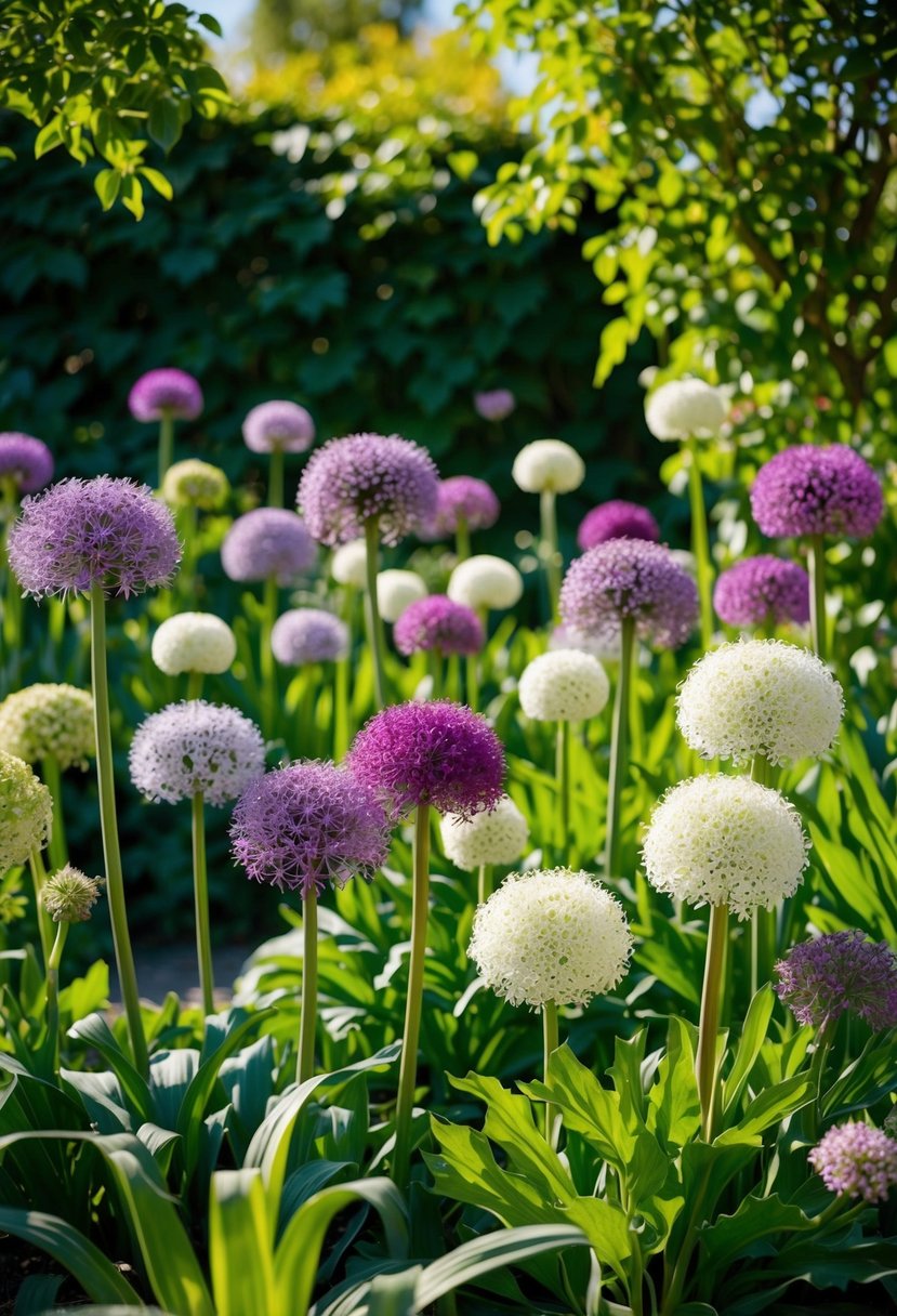 A lush garden filled with Allium Tricoccum flowers in various shades of purple and white, surrounded by green foliage and dappled sunlight