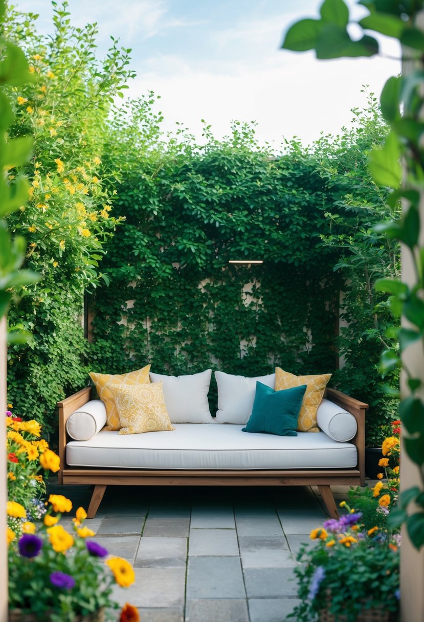 A cozy outdoor daybed surrounded by lush greenery and colorful flowers, creating a serene and inviting garden seating area