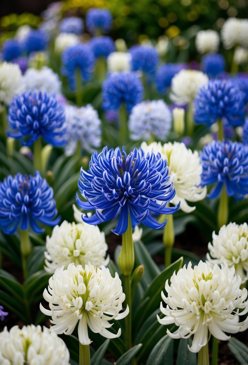 A garden filled with blooming Agapanthus 'Radiant Star' in various shades of blue and white, creating a stunning display of color and texture