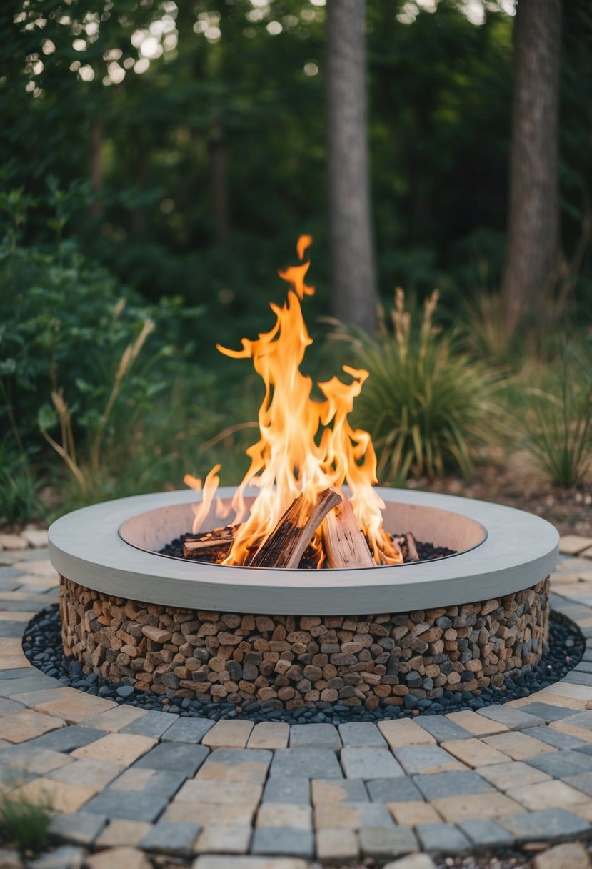 A circular fire pit surrounded by a paver pattern with pebbles, nestled in a natural outdoor setting