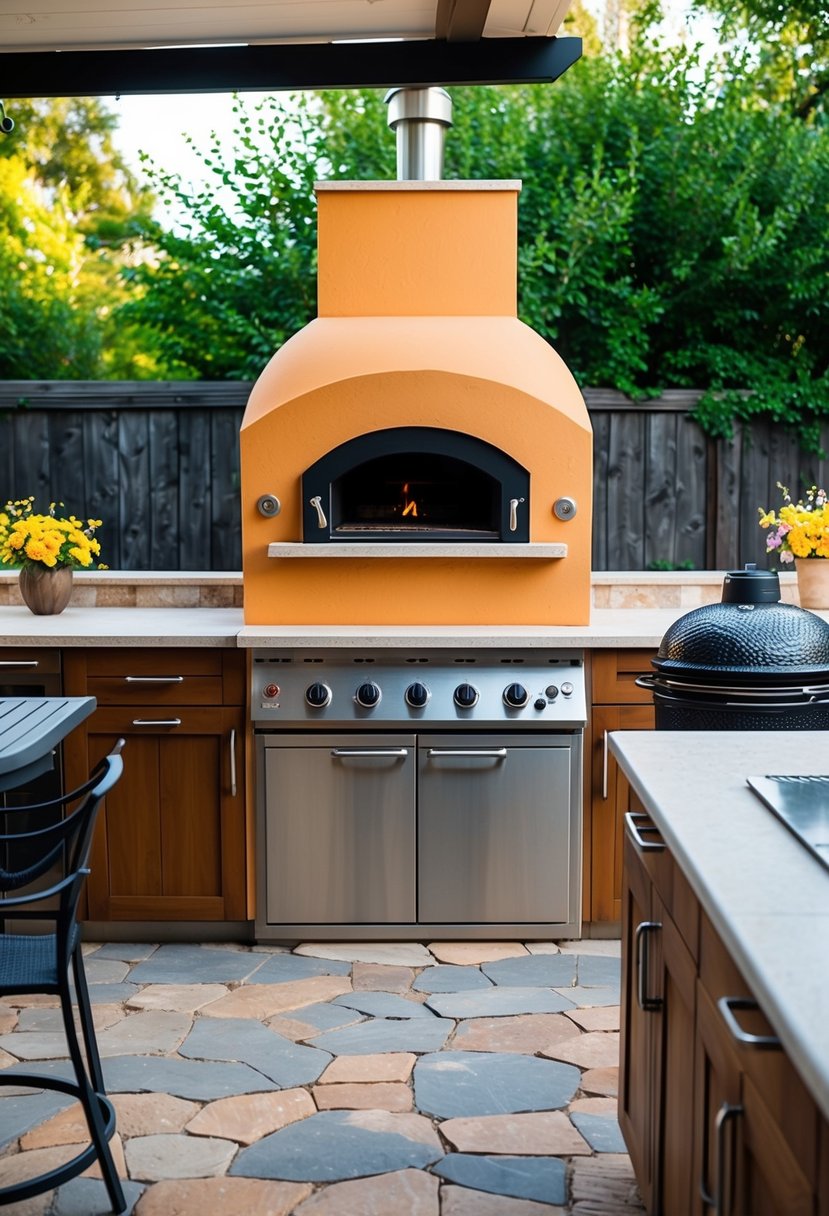 A backyard patio with a built-in Nemco Cordierite Oven 27 surrounded by a stylish outdoor kitchen setup, including a pizza oven, grill, and counter space