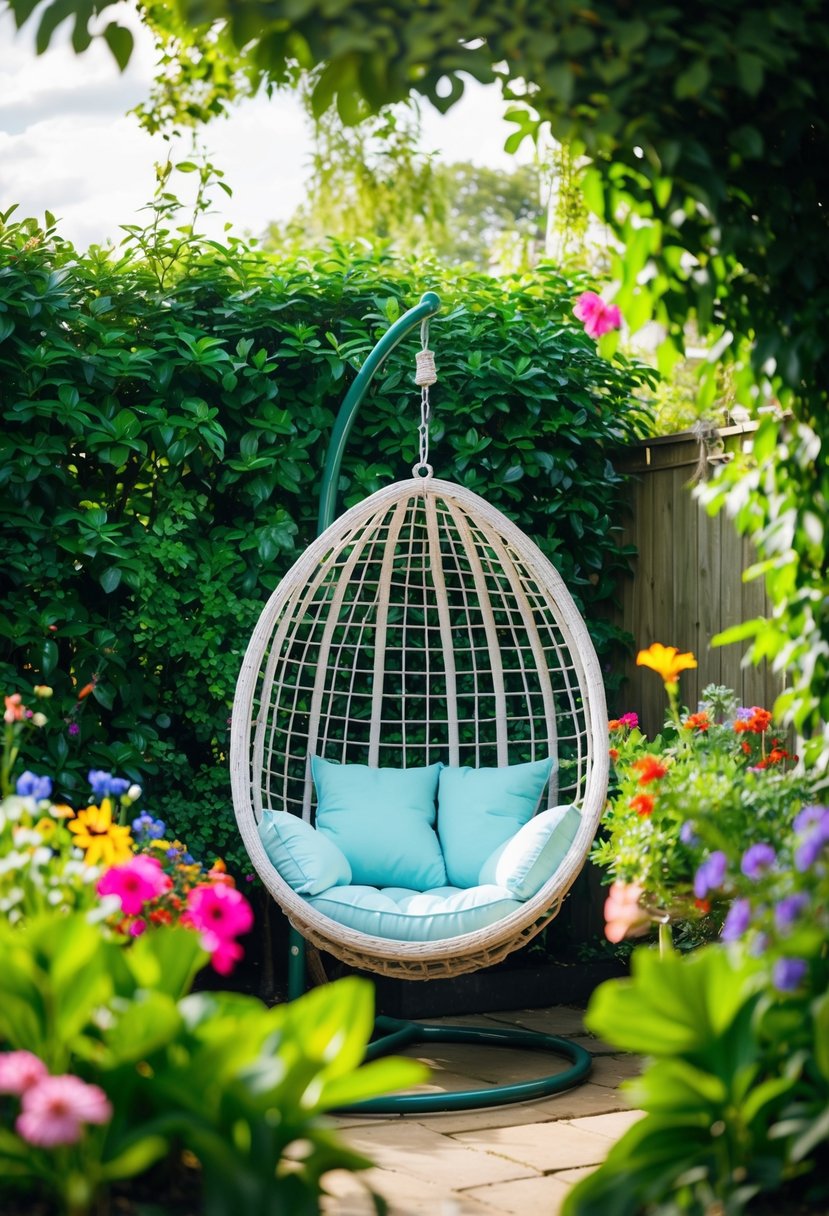 A cozy garden nook with a hanging egg chair surrounded by lush greenery and colorful flowers