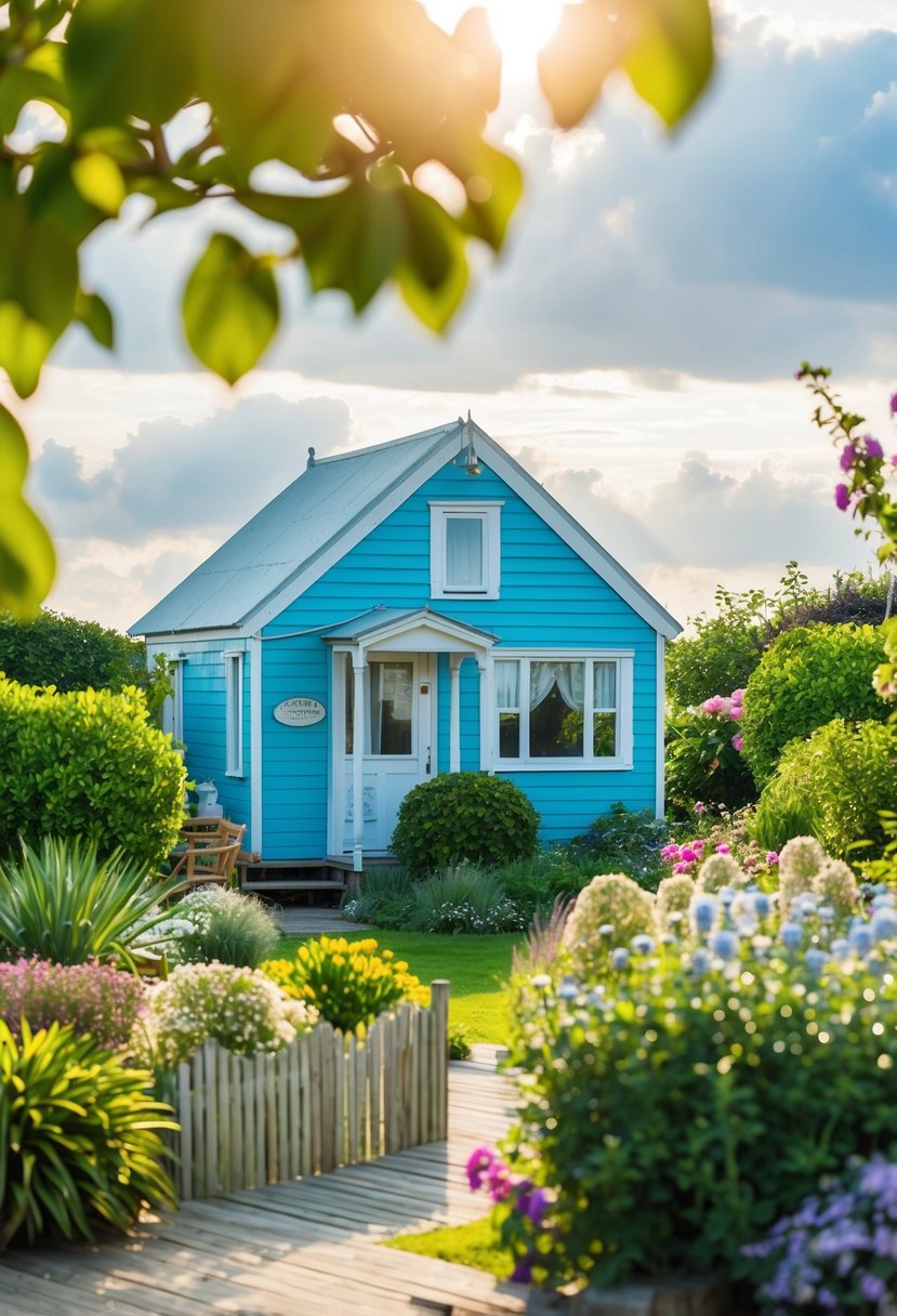 A quaint seaside shanty surrounded by lush gardens and a charming summer house