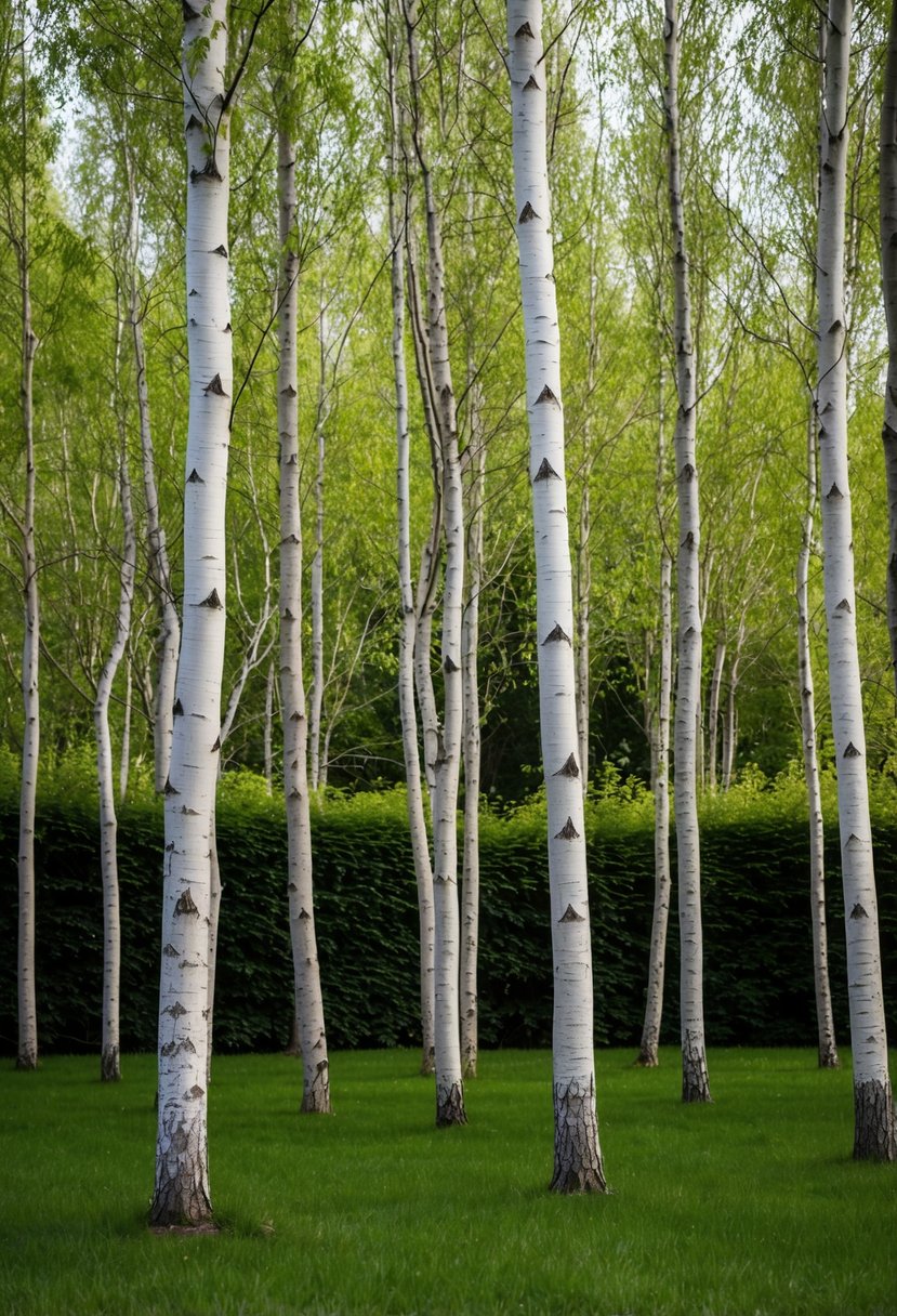 A serene garden with a dense grove of birch trees, their slender trunks and delicate leaves creating a peaceful and natural atmosphere