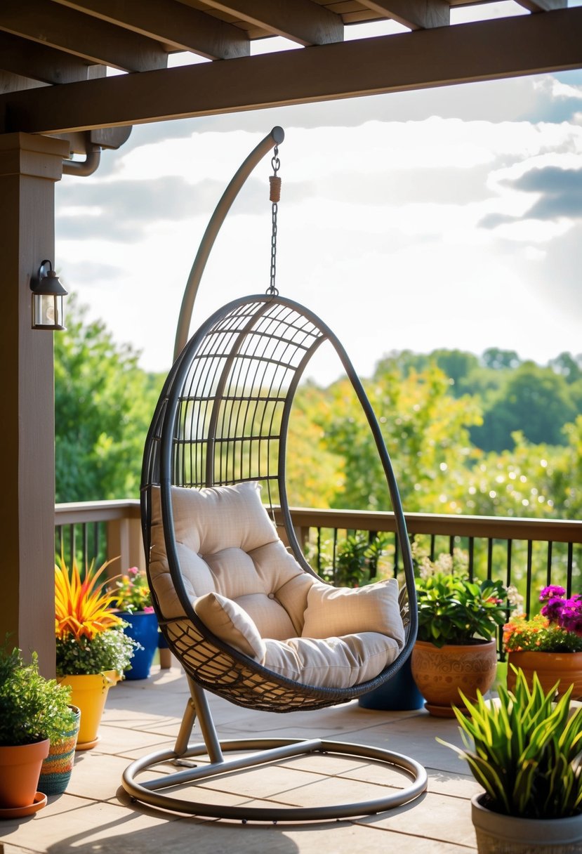 A cozy hanging chair suspended from a sturdy beam on a sunlit patio, surrounded by potted plants and colorful outdoor decor