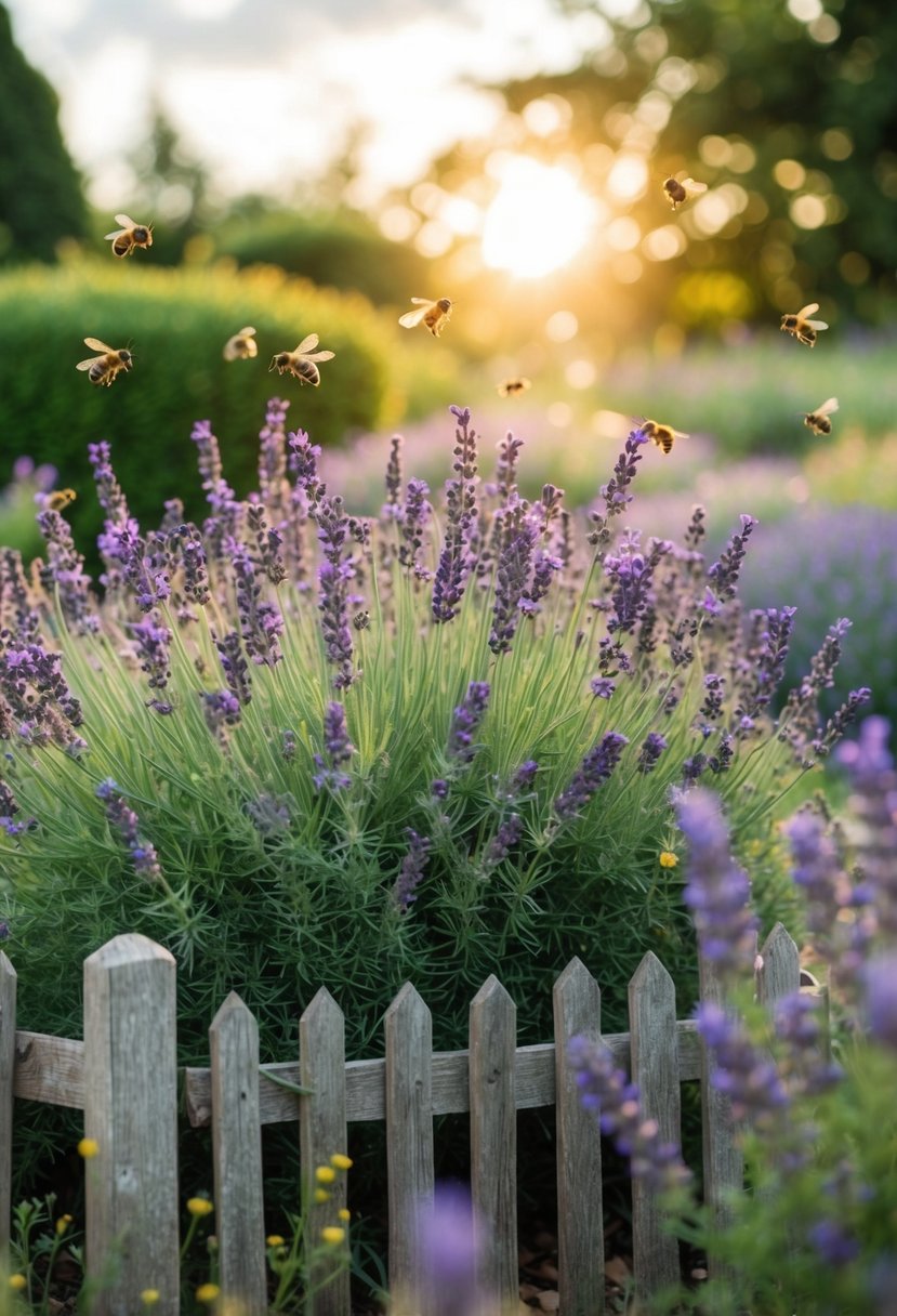 A cottage garden bursting with lavender, surrounded by a rustic fence. Bees buzz among the fragrant blooms, while the sun casts a warm glow over the scene