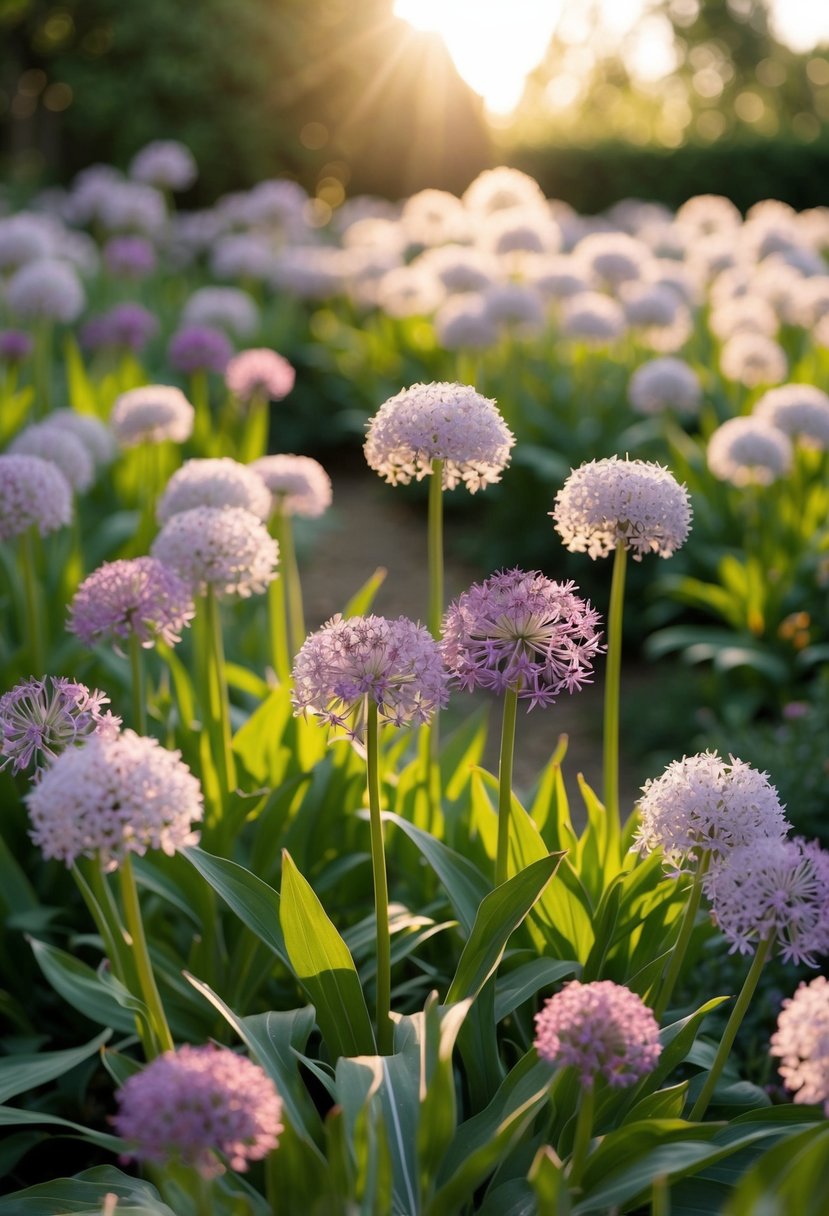 A peaceful garden filled with blooming allium flowers under the soft light of the Ostara sun