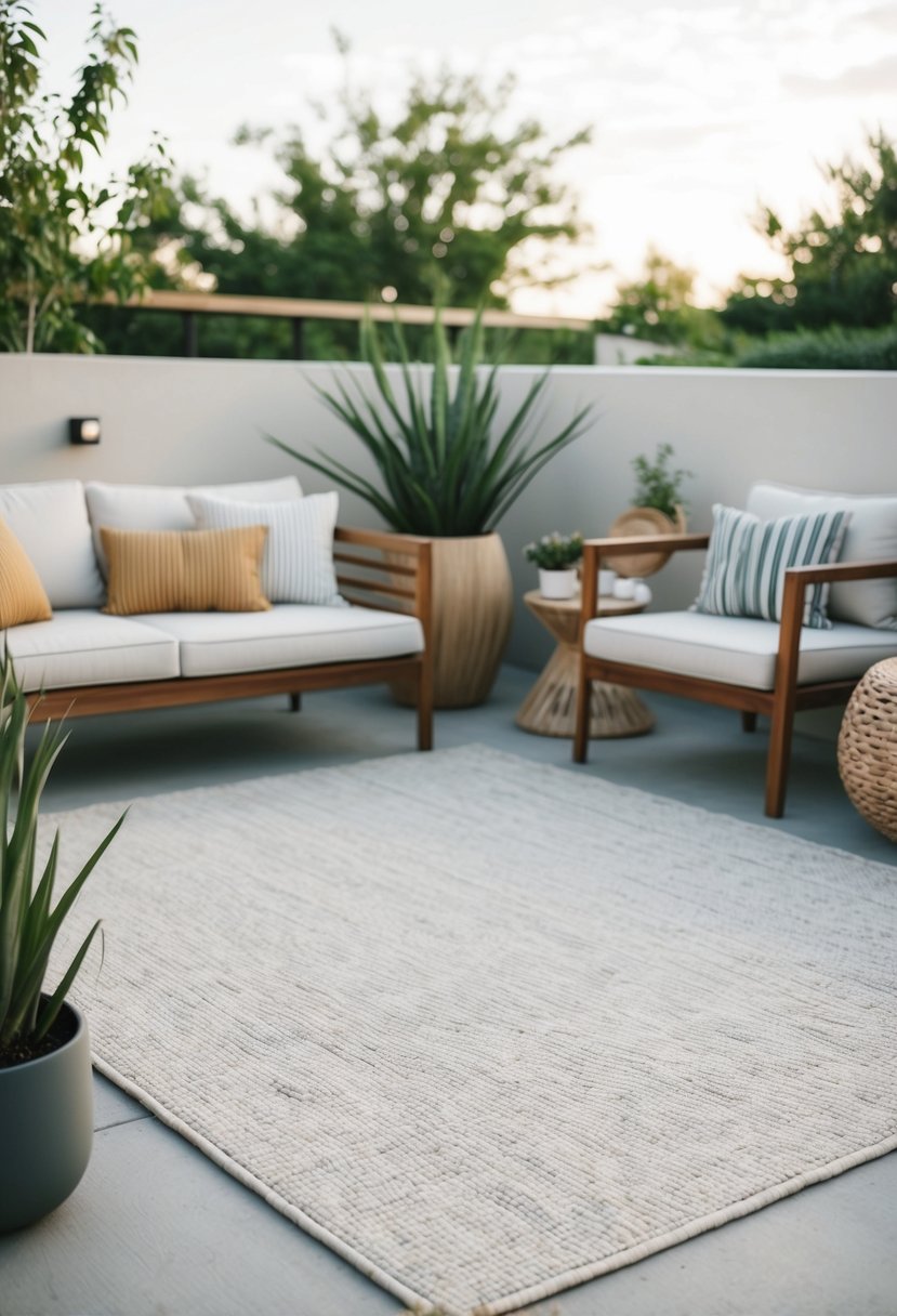 A neutral-colored outdoor rug sits on a Japandi-style patio, surrounded by minimalist furniture and natural elements