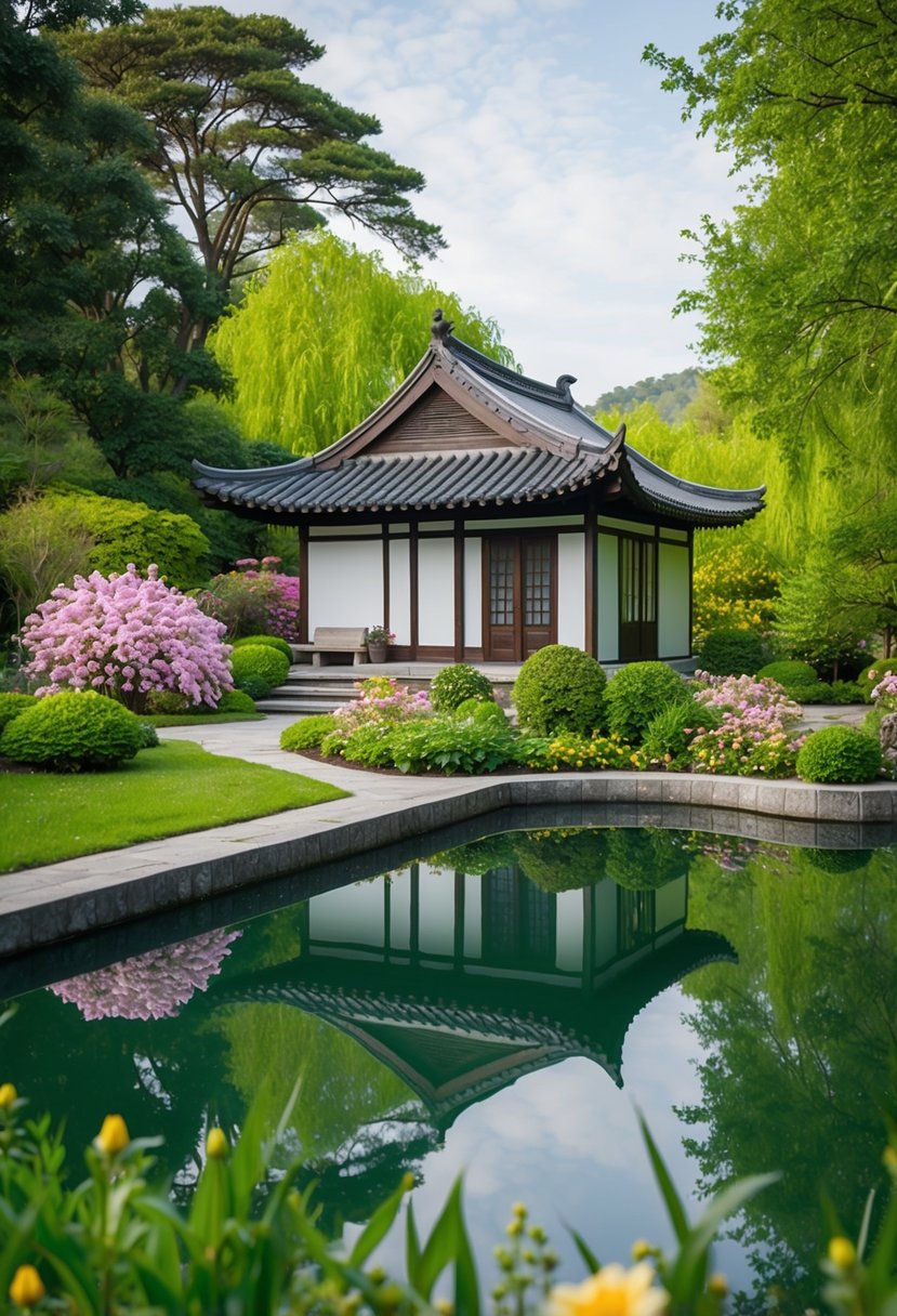 A serene tea house next to a tranquil pond surrounded by lush greenery and blooming flowers