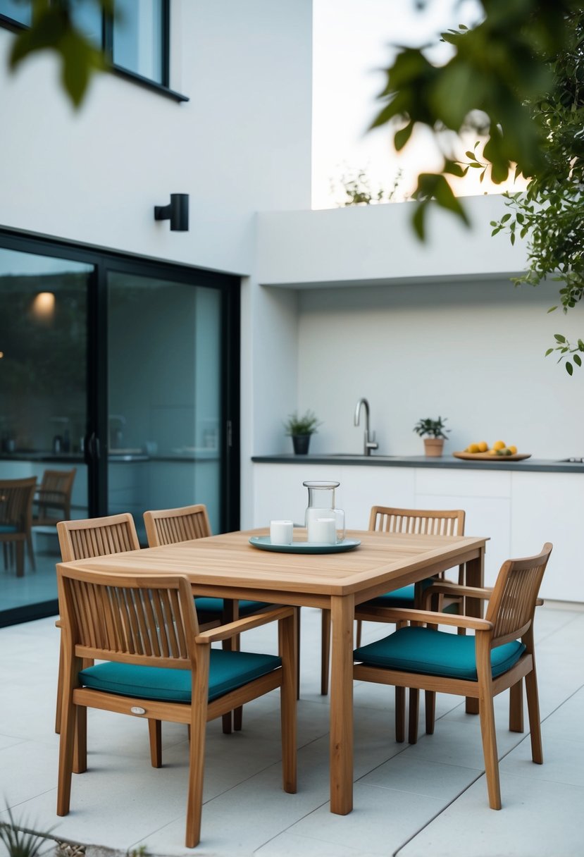 A sleek teak dining set surrounded by a modern outdoor kitchen with clean lines and minimalist design