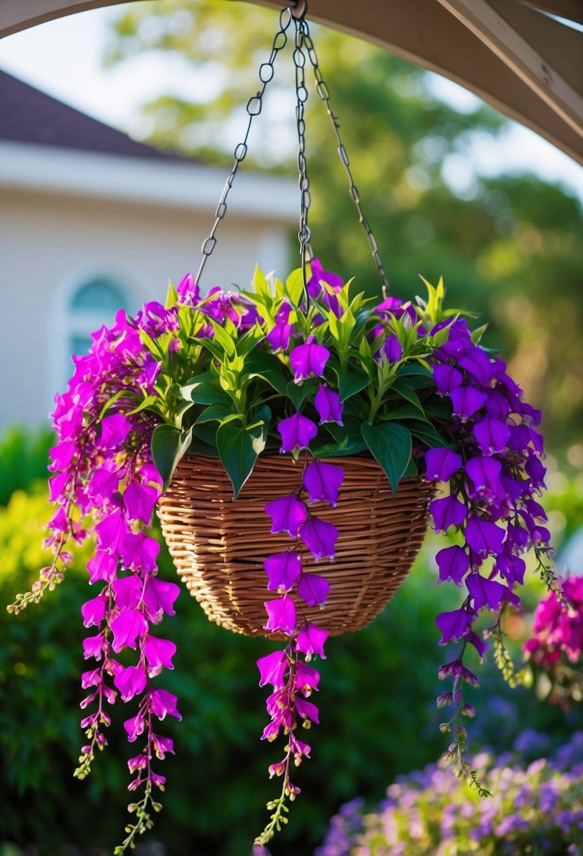 A vibrant hanging basket filled with trailing lobelia flowers cascading down the sides, creating a beautiful and colorful display
