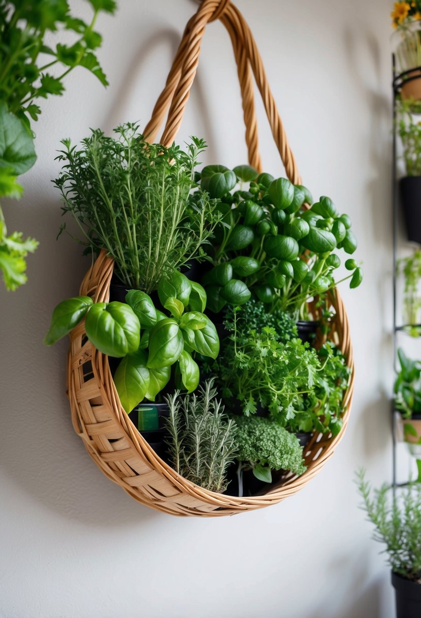 A woven basket hangs on a wall, filled with 22 different herbs growing in a vertical herb garden