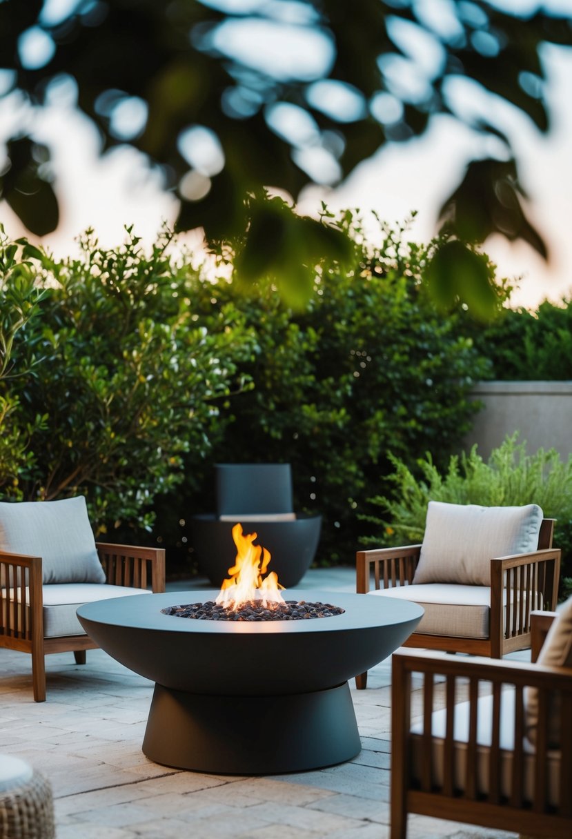 A modern patio fire pit table surrounded by outdoor furniture and lush greenery