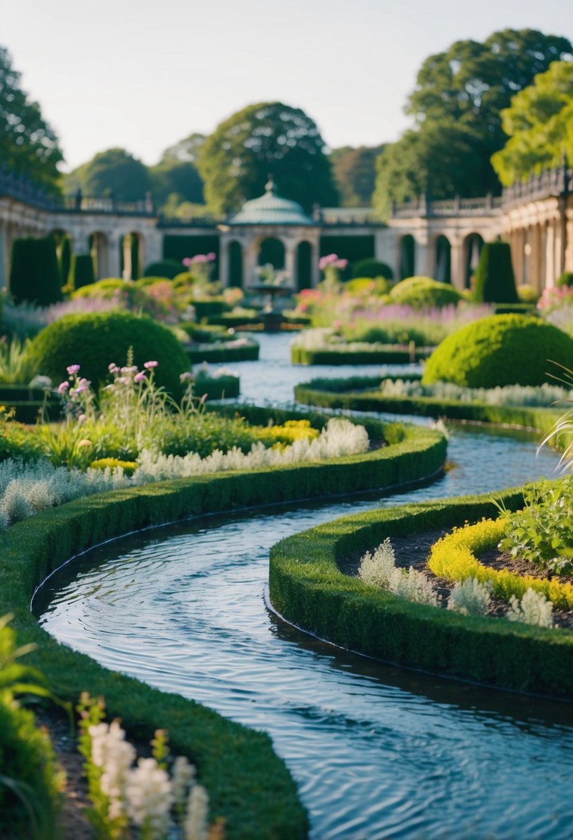 A Victorian garden with intricate water-casting streams winding through 27 gardens