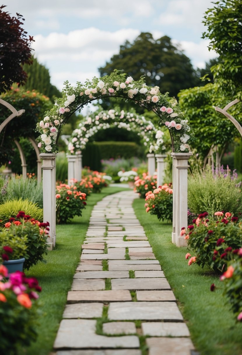 A stone pathway winds through a garden with 27 floral arches and arbors