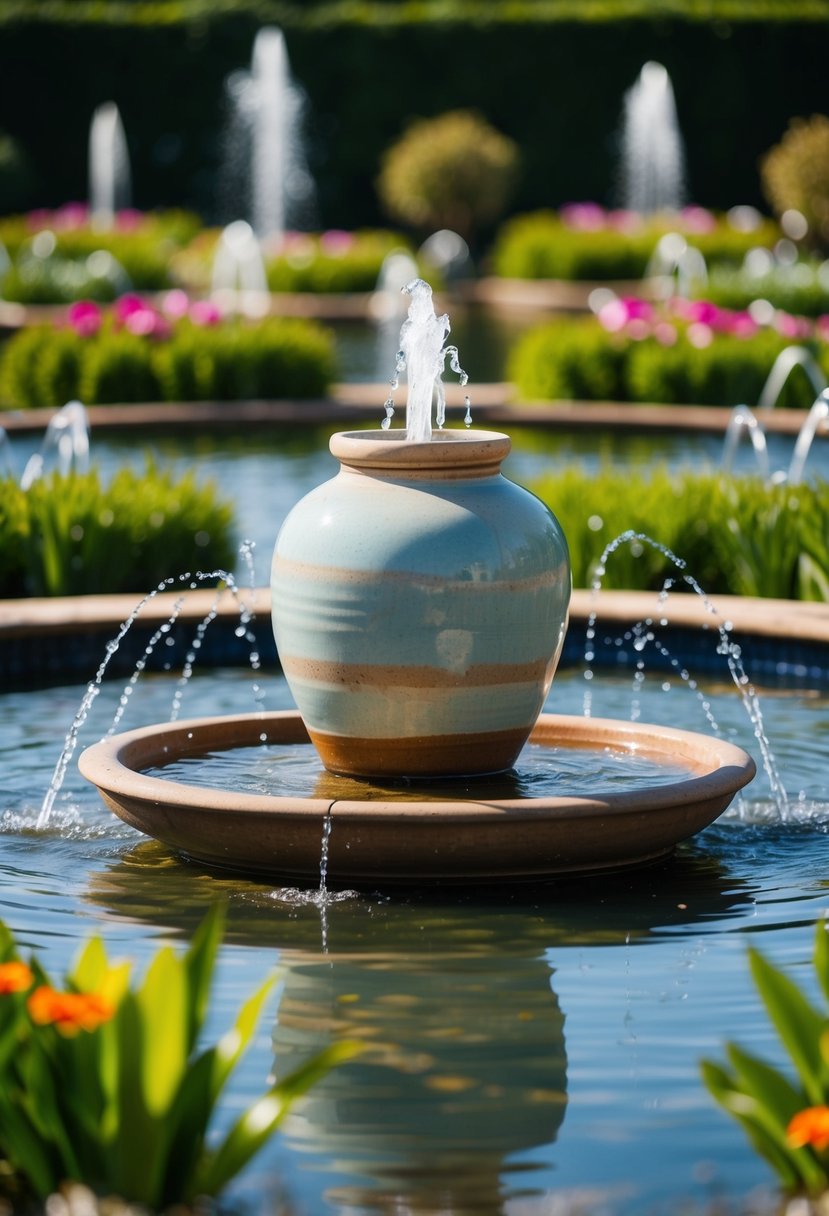 A ceramic jar fountain surrounded by 32 garden ponds with fountains