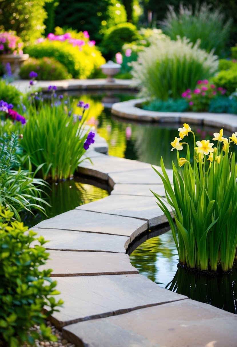 A winding sandstone pathway leads to a tranquil garden pond, surrounded by lush greenery and colorful flowers