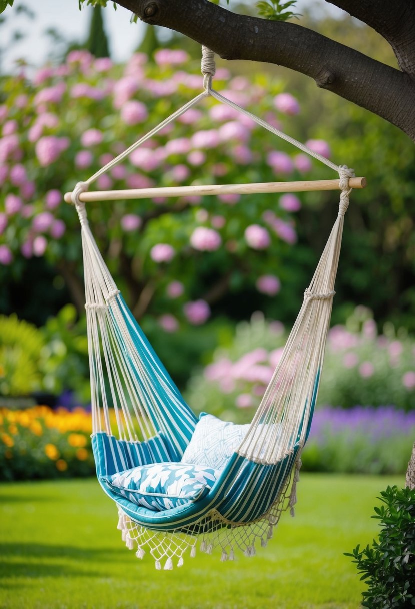 A cozy hammock chair hanging from a tree in a lush garden, surrounded by blooming flowers and greenery