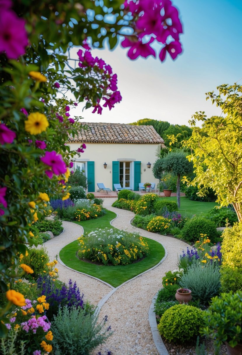 A lush garden with vibrant flowers and winding paths surrounds a charming summer house in a Mediterranean hideaway