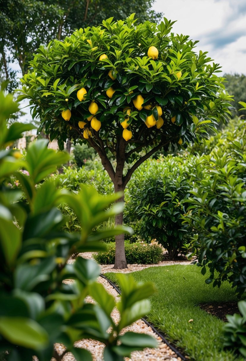 A lush garden with a lemon tree surrounded by many other trees
