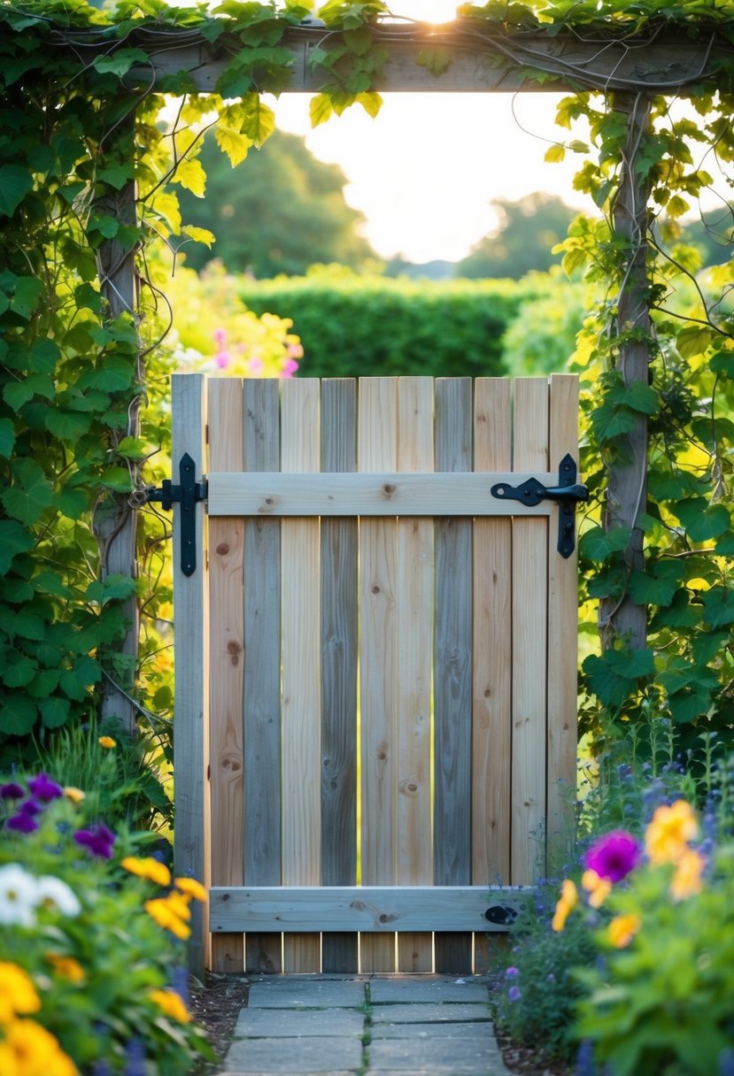 A rustic cedar plank gate set within a lush garden, framed by climbing vines and colorful flowers