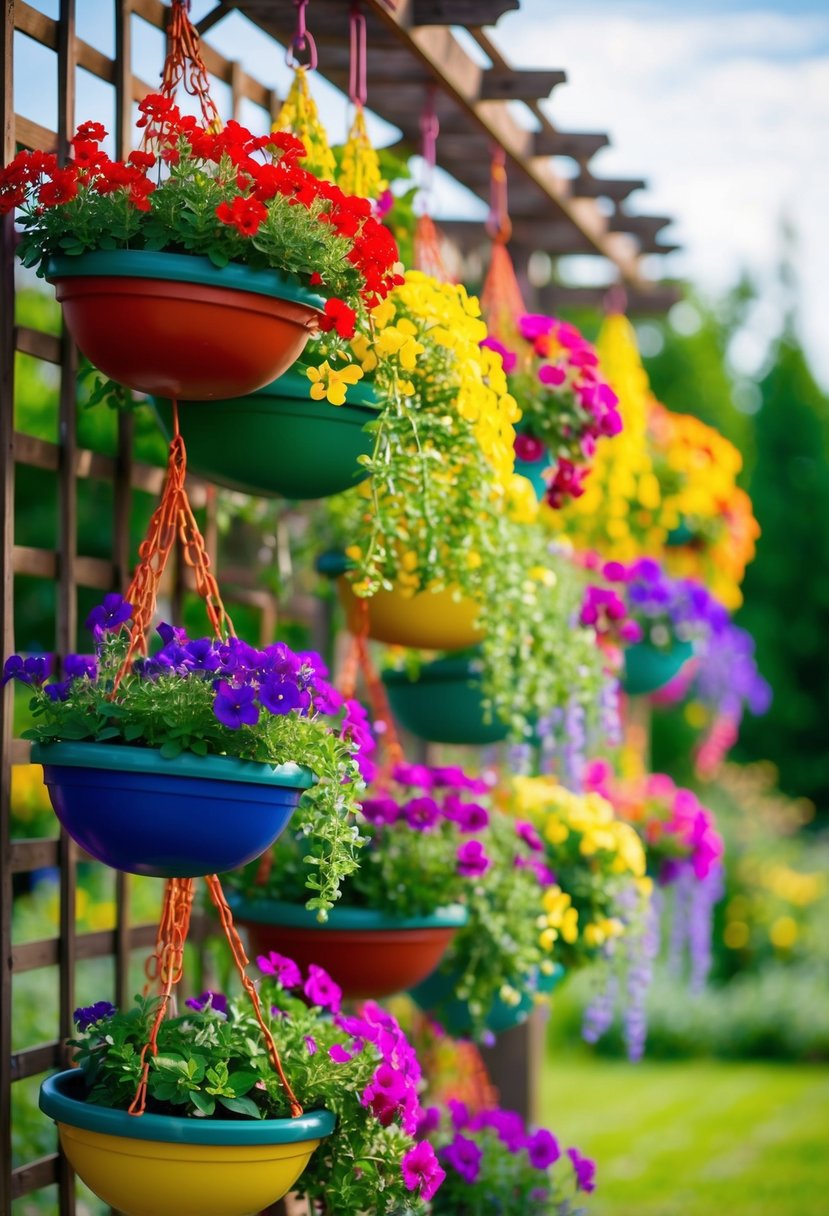 A colorful array of Verbena hanging baskets suspended from a garden trellis, swaying gently in the breeze