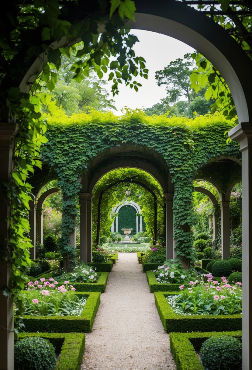 A lush secret garden with ivy-covered overhangs, 27 gardens filled with arbors and blooming flowers